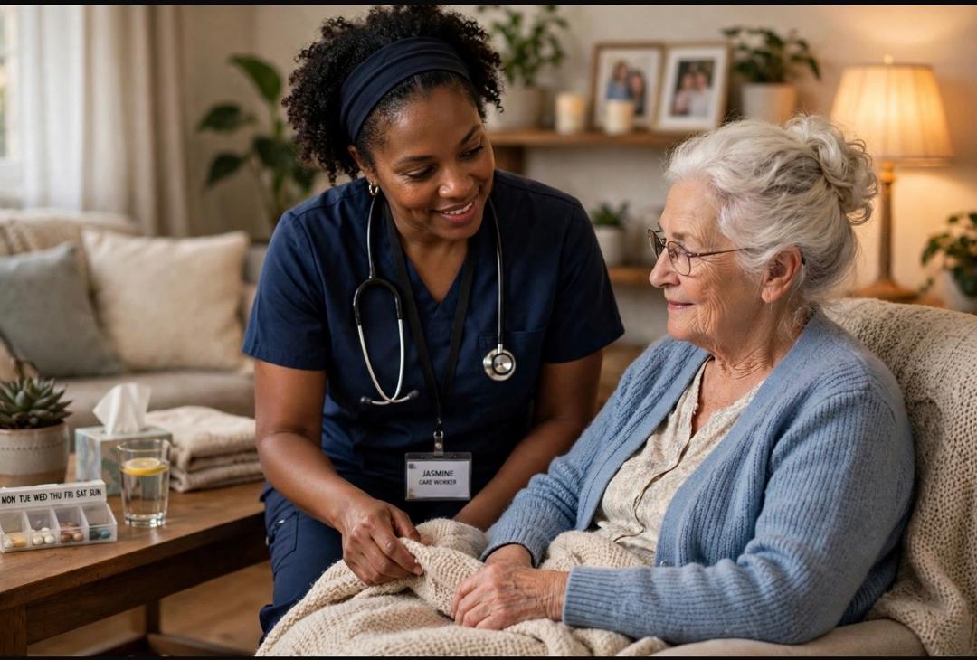 Black care woker spendingg time with a white client